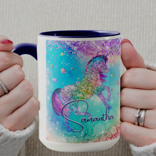 Cute unicorn pink Glitter rainbow aqua monogram Mug
