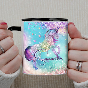 Cute unicorn pink Glitter rainbow aqua monogram Mug