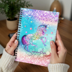 Cute unicorn pink Glitter rainbow aqua monogram Planner
