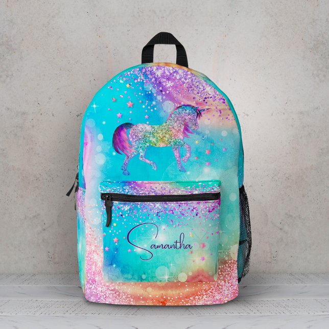 Cute unicorn pink Glitter rainbow aqua monogram Printed Backpack (Creator Uploaded)