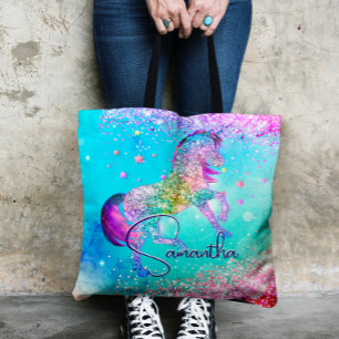Cute unicorn pink Glitter rainbow aqua monogram Tote Bag