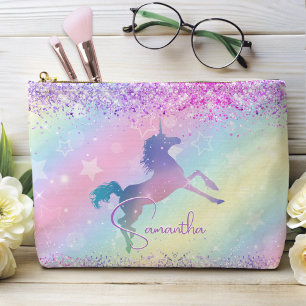 Cute unicorn pink Glitter rainbow art monogram Accessory Pouch
