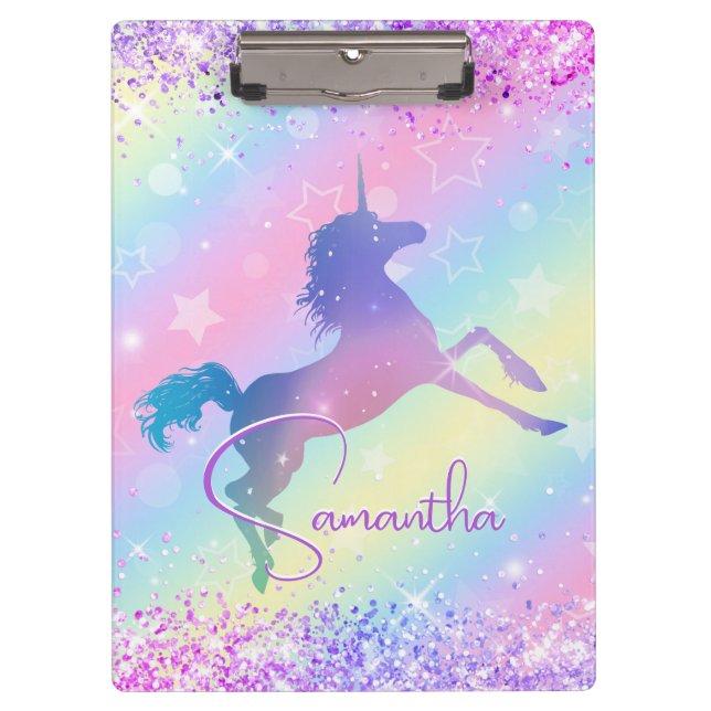 Cute unicorn pink Glitter rainbow art monogram Clipboard (Front)