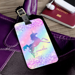 Cute unicorn pink Glitter rainbow art monogram Luggage Tag