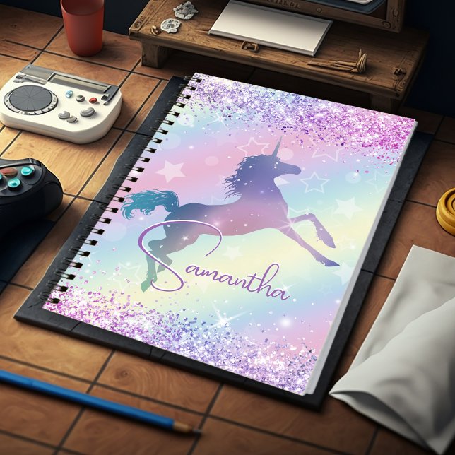Cute unicorn pink Glitter rainbow art monogram Notebook (Creator Uploaded)