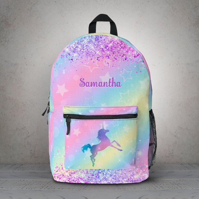 Cute unicorn pink Glitter rainbow art monogram Printed Backpack (Creator Uploaded)