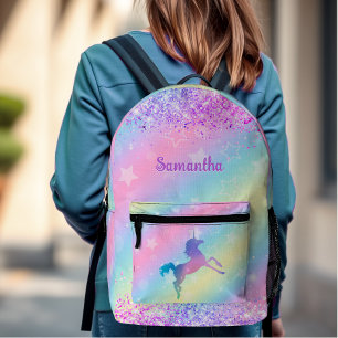 Cute unicorn pink Glitter rainbow art monogram Printed Backpack