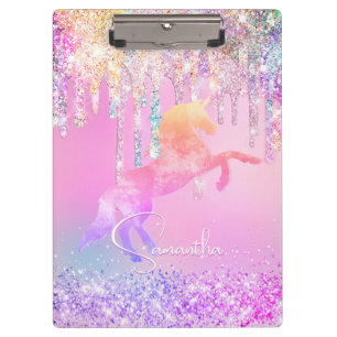 Cute unicorn pink Glitter rainbow Drips monogram Clipboard