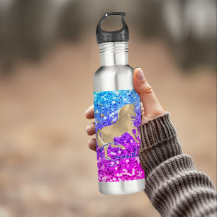 Cute unicorn pink Glitter rainbow gold monogram 710 Ml Water Bottle