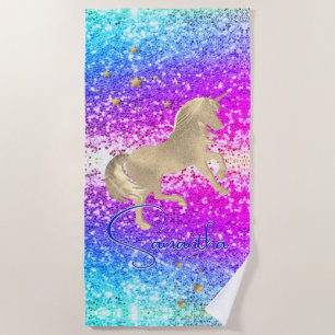 Cute unicorn pink Glitter rainbow gold monogram Beach Towel
