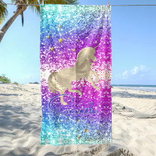 Cute unicorn pink Glitter rainbow gold monogram Beach Towel