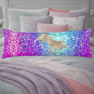 Cute unicorn pink Glitter rainbow gold monogram Body Cushion