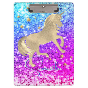 Cute unicorn pink Glitter rainbow gold monogram Clipboard