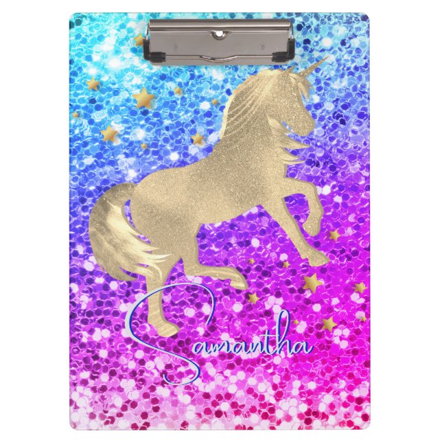 Cute unicorn pink Glitter rainbow gold monogram Clipboard (Front)