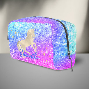 Cute unicorn pink Glitter rainbow gold monogram Dopp Kit