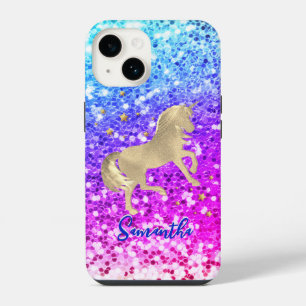Cute unicorn pink Glitter rainbow gold monogram iPhone 14 Case