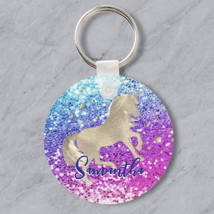 Cute unicorn pink Glitter rainbow gold monogram Key Ring