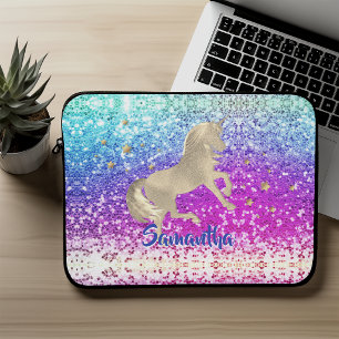 Cute unicorn pink Glitter rainbow gold monogram Laptop Sleeve