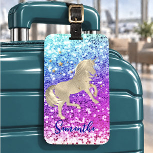Cute unicorn pink Glitter rainbow gold monogram Luggage Tag