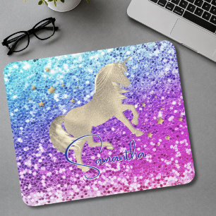 Cute unicorn pink Glitter rainbow gold monogram Mouse Pad