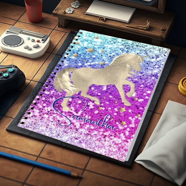 Cute unicorn pink Glitter rainbow gold monogram Notebook (Creator Uploaded)