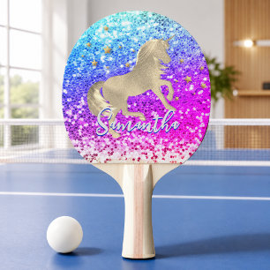 Cute unicorn pink Glitter rainbow gold monogram Ping Pong Paddle