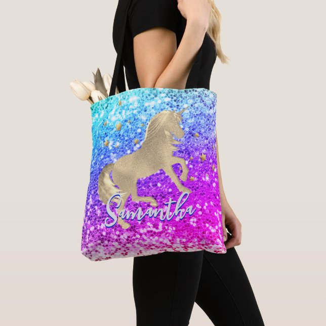 Cute unicorn pink Glitter rainbow gold monogram Tote Bag (Close Up)