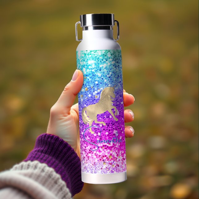 Cute unicorn pink Glitter rainbow gold monogram Water Bottle (Creator Uploaded)