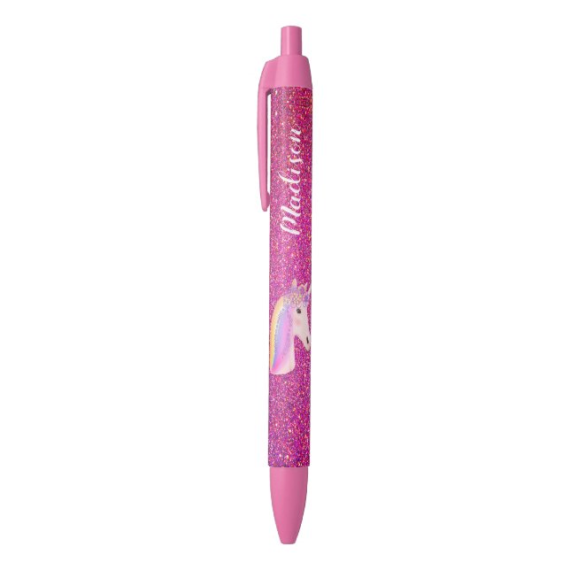 Cute Unicorn Pink Glitter Sparkle Personalized Black Ink Pen (Top (Vertical))