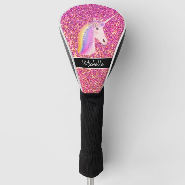 Cute Unicorn Pink Gold Glitter Personalised  Golf Head Cover (Front)