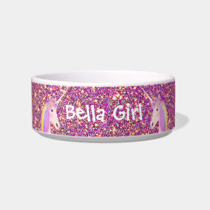 Cute Unicorn Pink Gold Glitter Personalized Pet Bowl