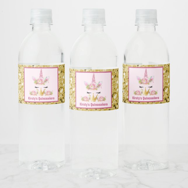 Cute Unicorn Pink Gold Glitter Quinceañer Water Bottle Label (Bottles)