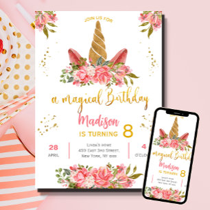 Cute Unicorn Pink Gold watercolor Birthday Party Invitation