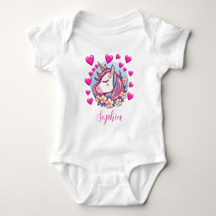 Cute Unicorn, Pink Hearts & Flowers, Custom Name Baby Bodysuit
