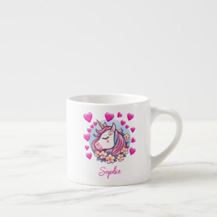 Cute Unicorn, Pink Hearts & Flowers, Custom Name Espresso Cup
