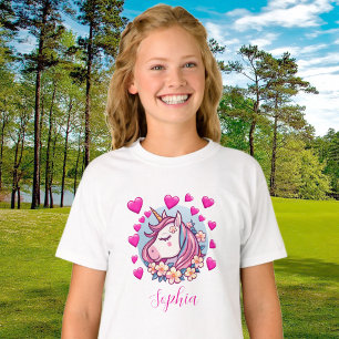 Cute Unicorn, Pink Hearts & Flowers, Custom Name T-Shirt