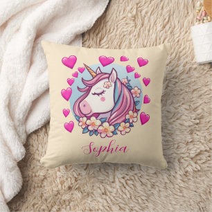 Cute Unicorn, Pink Hearts & Flowers, Name, Creme Cushion