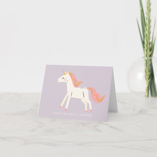 Cute Unicorn Pink Lilac Personalised Stationery Thank You Card (Front)