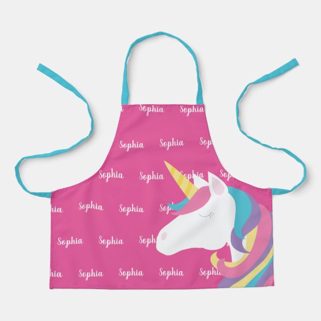 Cute Unicorn Pink Personalized Kids Apron (Front)