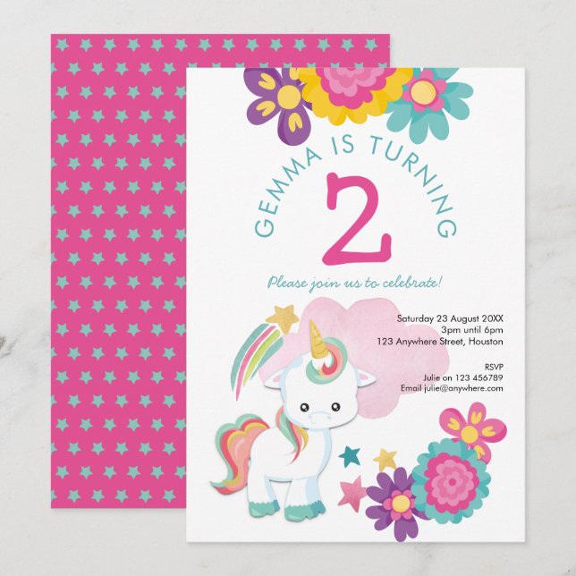 Cute Unicorn Pink Teal Girl 2nd Birthday Party Invitation (Front/Back)