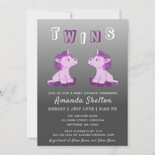 Cute Unicorn Pink Twins GIrls Baby Shower Invitation