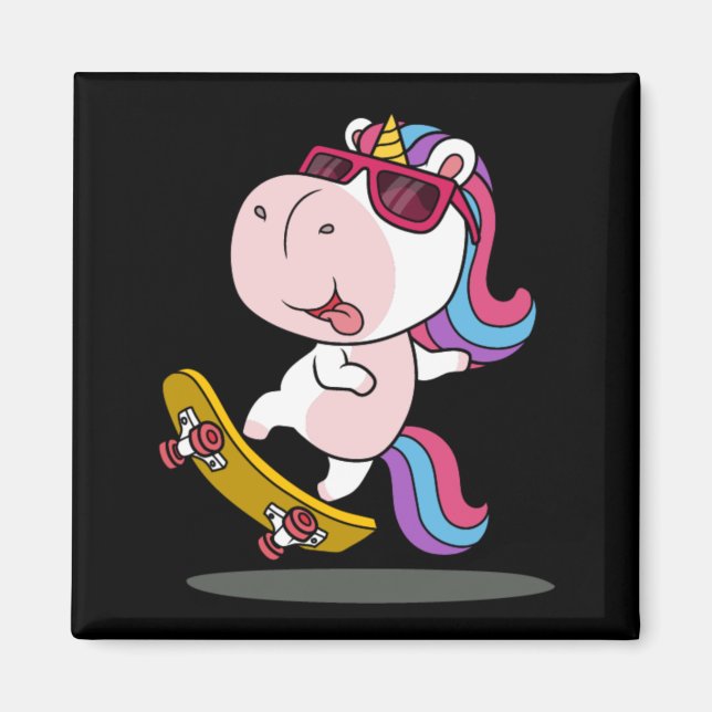 Cute unicorn playing skateboard magnet (Front)