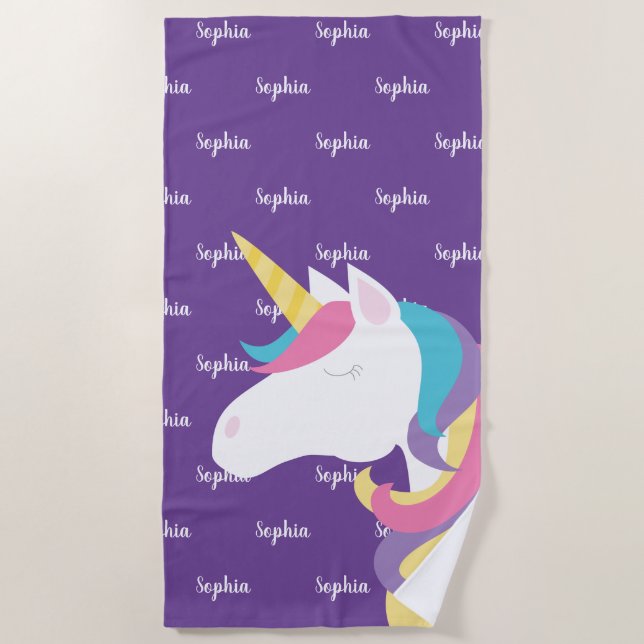 Cute Unicorn Purple Personalized Kids Beach Towel (Front)