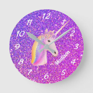 Cute Unicorn Purple Pink Glitter Personalised Round Clock