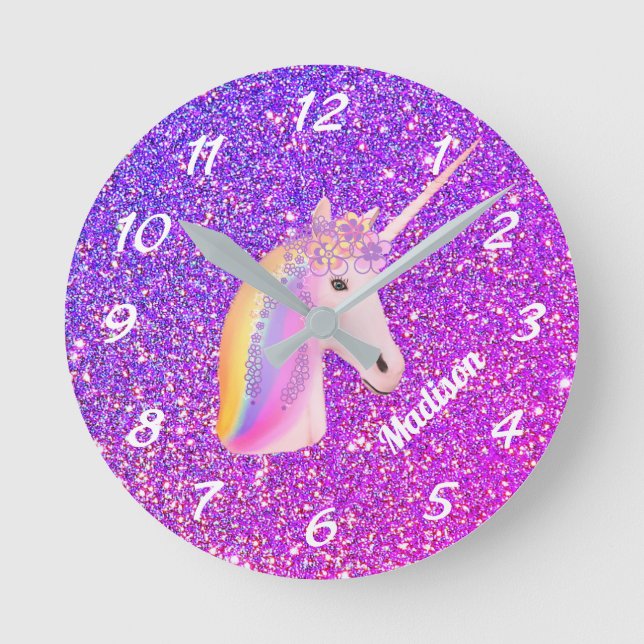 Cute Unicorn Purple Pink Glitter Personalised Round Clock (Front)