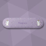 Cute Unicorn Purple Skateboard<br><div class="desc">A purple Skateboard with cute unicorns,  polka dots background and a customizable forename. A great gift for a skateboarder who love Kawaii design and purple color!</div>