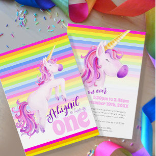 Cute unicorn rainbow 1st birthday invitations