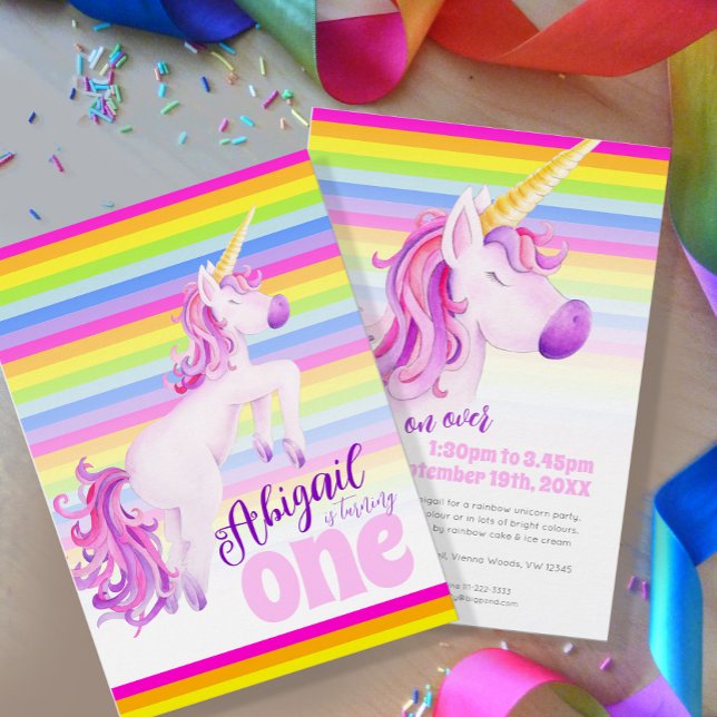 Cute unicorn rainbow 1st birthday invitations (Creator Uploaded)