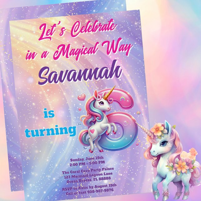 Cute Unicorn Rainbow 6th Birthday Party Invitation (Magical Unicorn Birthday Party Invitation)