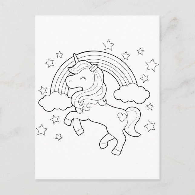 Cute Unicorn Rainbow Cloud Stars Colouring Activit Postcard (Front)
